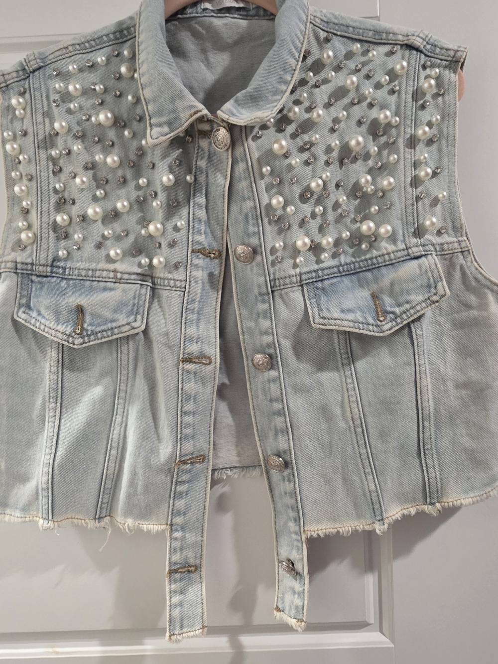 Pearl-Embellished Light Wash Denim Vest - Women